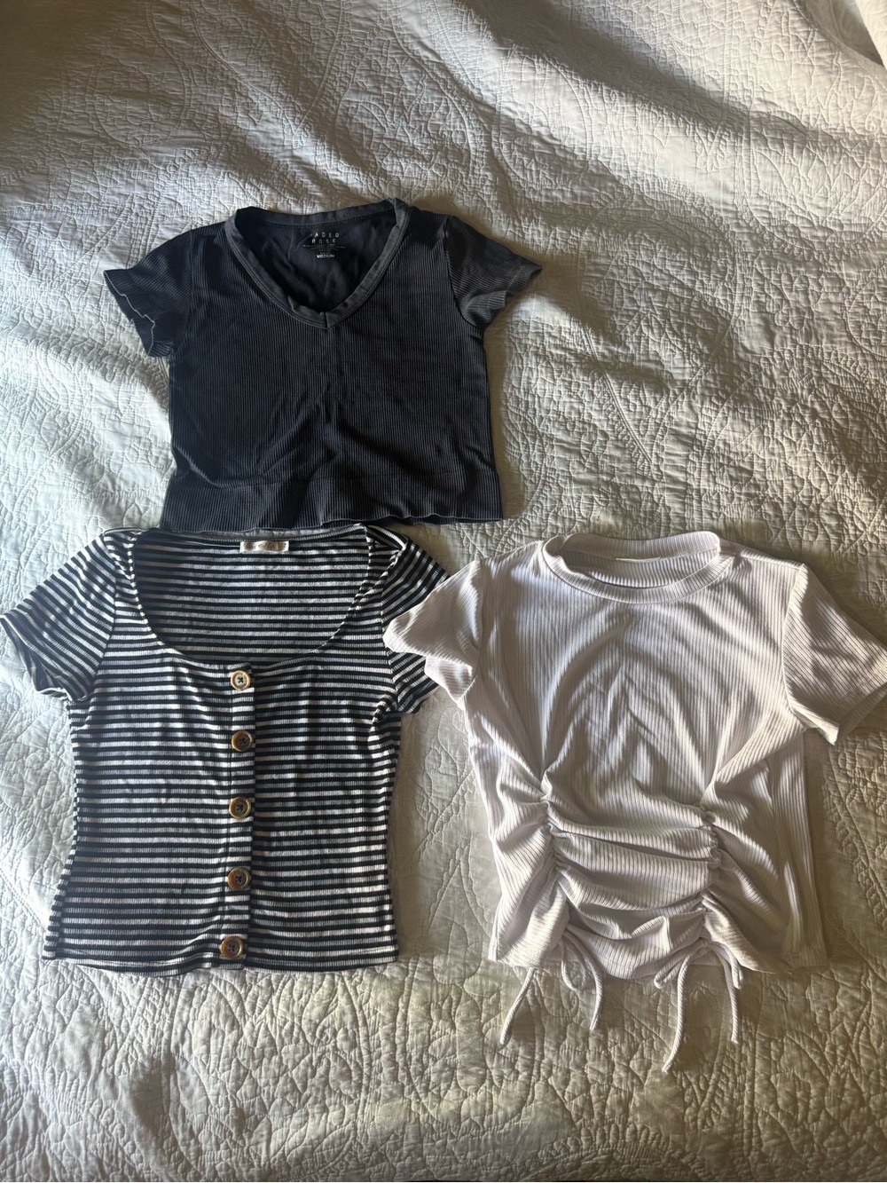 3-Top Bundle: Black Ribbed V-Neck, Striped Button Tee, White Ruched Tee